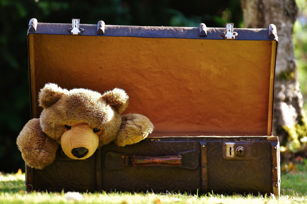 A stuffed bear in a toy chest.